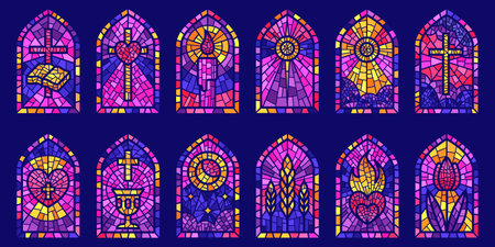 Church glass windows. Stained mosaic catholic frames with cross, book and religious symbols. Vector setのイラスト素材