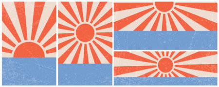 Retro sunburst background. Vintage bright grunge placards set. Vector horizontal illustration for banner, poster and backdropのイラスト素材