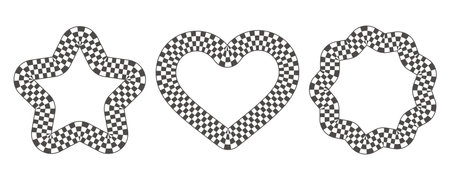 Checker border in star heart and flower shape. Circle frame with black and white chess squares. Y2k elements. Vector groovy setのイラスト素材