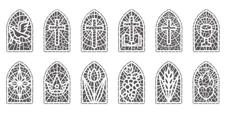 Church glass windows. Stained mosaic catholic and christian frames with cross. Vector gothic medieval outline arches isolated on white backgroundのイラスト素材