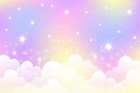Cute unicorn colored sky with stars and clouds. Rainbow pastel vector background. Abstract gradient landscape with gradient and sparkles. Magic holographic galaxy.のイラスト素材