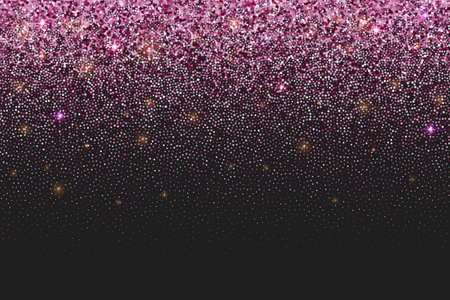 Pink glitter background with rose gold sparkles. Vector with falling sequins and confetti. Shimmer texture with shine dust. Abstract glow border on dark backdrop. Festive glamour banner.のイラスト素材