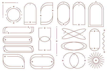 Outline frames with stars. Aesthetic border elements. Minimal graphic arch shapes. Y2k modern simple abstract figures with sparkles. Trendy geometric stickers set. Cosmic linear collectionのイラスト素材