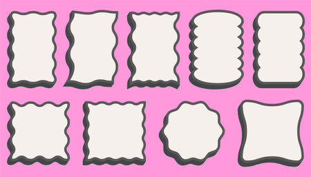 Wavy border frame. Rectangle circle and square scallop edge box.. Squiggle groovy aesthetic decorative designs with shadow. Retro cute vector shapes.のイラスト素材