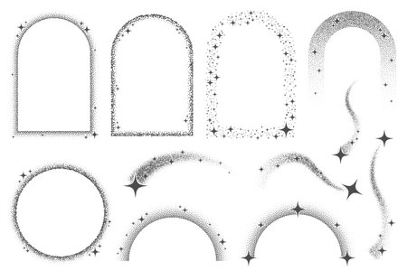 Magic stars elements with sparks and celestial frames. Vector shapes with glitter. Bohemian mystic graphic with glowing starburst. Decorative abstract arches set.のイラスト素材