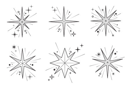 Line icons of stars. Vector sparks and shiny elements on white background. Abstract glitter symbols with light effect. Minimal Y2K magic twinkles set.のイラスト素材