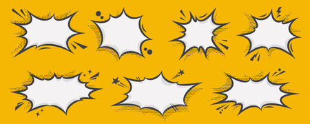 Manga speech bubble. Comic text frame with pop art halftone dotted effect. Balloon chat shape for dialog. Vector cloud for shock shout and scream action messages. Irregular cartoon decorationのイラスト素材