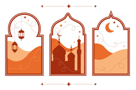 Ramadan Islamic border shapes with minimal Arabian landscape, mosque and lanterns. Window arch frame with sand dunes and moon on night sky. Set for posters and greeting cardsのイラスト素材