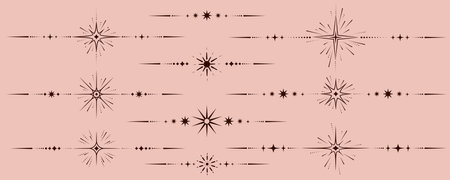 Magic vector border with celestial stars. Astrology fantasy decorative ornament. Divider with mystic spiritual symbols. Astral minimal design with elegant elements.のイラスト素材