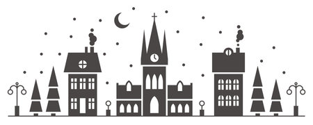 Winter village silhouette with houses church and trees. Christmas vector landscape for holiday decoration. Black silhouette of magic town. Night cityscape panorama for seasonal new year greeting cardsのイラスト素材