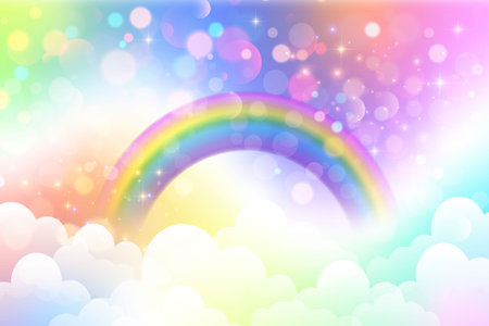 Rainbow unicorn cute colors background. Vector magic cloudy sky with stars and bokeh. Holographic abstract gradient with fairy glitter. Heaven galaxy fluffy landscape with sparklesのイラスト素材