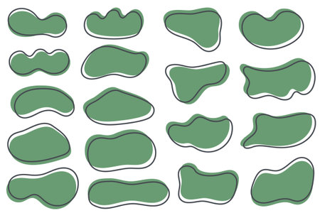 Irregular organic blobs set. Abstract vector round liquid forms on white background. Random fluid bubbles and simple amoeba wavy splashes. Green stain blots and curvy asymmetric stainsのイラスト素材