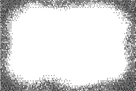 Grunge frame with grainy border. Brushed overlay texture on white background. Stipple noisy sand fade effect. Dotted spray vintage vector abstract graphic.のイラスト素材