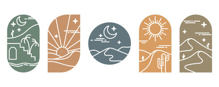 Desert boho logo with sun and mountains. Vector abstract bohemian illustration with moon cactus and minimal landscape. Arch and windows shapes set. Design elements for poster and decorationのイラスト素材