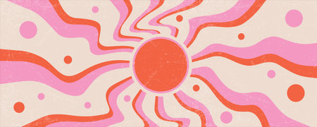 Sunrays retro background. Vector summer 70s poster. Abstract groovy design with grunge texture. Old paper banner with orange and pink spiral beams on yellow backdrop.のイラスト素材