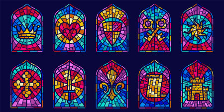 Church glass windows. Gothic vector arch frame with medieval symbols. Vintage architecture elements. Stained color mosaic decoration set with crown, heart, shield and swordのイラスト素材