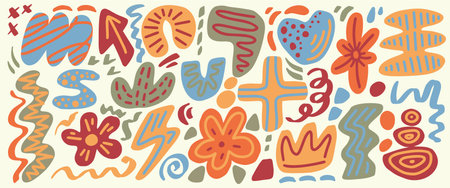 Abstract vector shapes. Organic doodle hand drawn graphic elements on white background. Cute color minimal blobs scribbles and flowers. Playful contemporary monochrome collageのイラスト素材