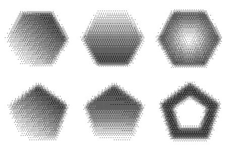 Bitmap pixel arcade game effect. Hexagon y2k halftone shape. Vector dither aesthetic gradient pentagon icons. 2000s design grainy illustration on white background.のイラスト素材