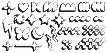 Bitmap pattern abstract shapes. Stars halftone gradient elements on dark background. Y2k graphic abstract icons. Dither noisy grunge texture. Vectorのイラスト素材