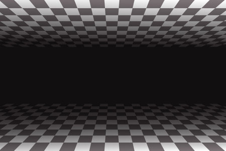 Perspective chess floor. White and black checkered pattern room. 3D tiled floor. Vector abstract surreal space isometric illustration. Endless tunnel, futuristic monochrome wallpaperのイラスト素材