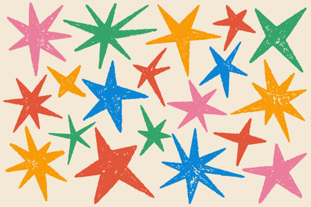 Star shapes set. Abstract random pencil and crayon kids drawing. Spiky geometric vector elements. Hand drawn rough edge sparkles set on pastel backgroundのイラスト素材