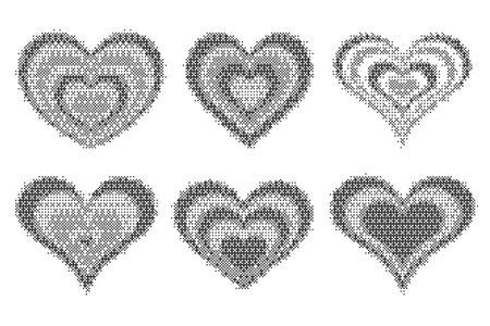 Pixel pattern hearts. Bitmap dotted texture symbols of love. Vector retro design elements with color gradation. Y2k grainy digits halftone shapes. Valentine day grunge figuresのイラスト素材