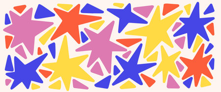 Abstract star shapes. Vector modern irregular figures on white background. Retro flat sharp simple elements. Organic funky geometric symbols. Starburst childish doodle collageのイラスト素材