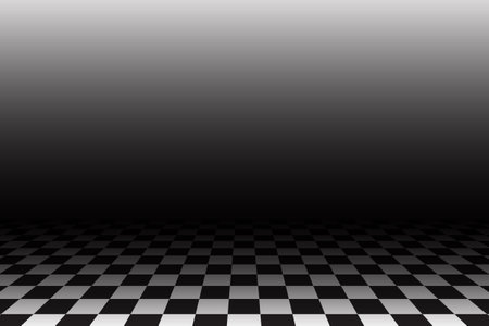 Chessboard perspective floor with white and black pattern. 3D checkered background. Vector retro grid surface abstract space. Mosaic isometric table surface.のイラスト素材