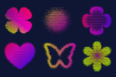 Pixel pattern shapes. Textured heart flower and star with bitmap Y2k dither gradient. Retro vector butterfly with old computer game graphic effect. Halftone grunge illustrationのイラスト素材