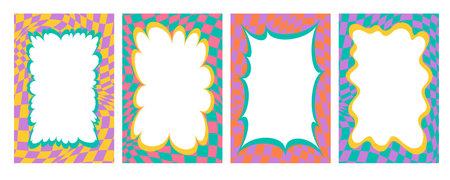 Wavy scallop border. Rectangle fun wavy chessboard frame. Cartoon hand drawn shapes for text picture and photo. Doodle groovy vector psychedelic template. Abstract funky y2k squiggle checkered bubbleのイラスト素材