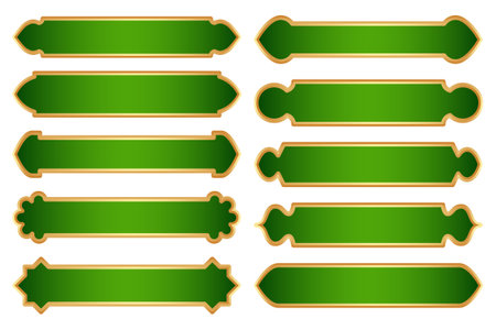 Ramadhan Islamic frame. Green shape with golden border for badge banner and text box. Vector background element with oriental Muslim traditional pattern for sale template and vintage flyerのイラスト素材
