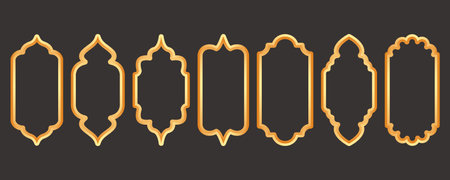Ramadan golden frame. Islamic window shape. Arabic vector arch. Muslim vintage border for design. Indian decoration in oriental style.のイラスト素材