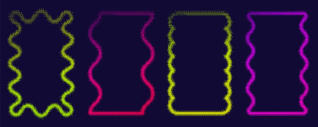 Pixel pattern texture wavy frame. Bitmap dotted retro abstract Y2K border. Vector dither squiggle geometric elements. Neon grainy glitch shapes.のイラスト素材