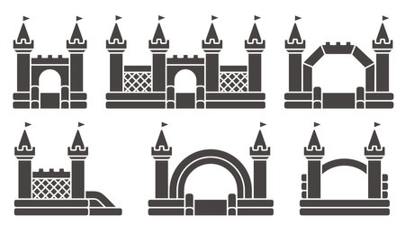 Bouncy castle icons set. Inflatable house pictograms with slide for air trampoline park and children playground. Inflated equipment for amusement park and kids zone. Vector glyph illustrationのイラスト素材