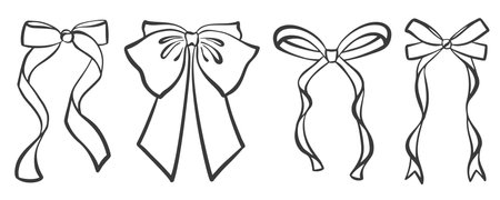Ribbon bow and tie with knot for hair. Cute black doodle illustration. Vintage hand drawn outline decorative girly accessory. Fashion elements for birthday and Christmasのイラスト素材