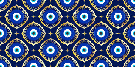 Evil eye seamless pattern. Turkish vector background with blue beads and magic nazar. Mystic Greek amulet is the symbol of protection and luck. Arabic and Mediterranean ethnic wallpaperのイラスト素材