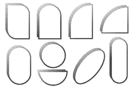 Pixel pattern frames. Bitmap arch windows on white background. Noisy arcade game gradient arc. Dotted dither vector graphic elements. Geometric halftone abstract border.のイラスト素材