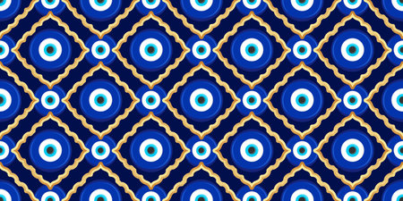 Evil eye golden pattern. Seamless Turkish background with magic blue beads. Greek nazar vector wallpaper. Protection amulet - symbol of luck and energy. Ornament with spiritual talismanのイラスト素材