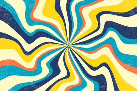 Retro radial spiral sunburst. Vector swirl textured pattern with rays. Vintage abstract wavy blue and yellow striped vortex on white background. 70s funky psychedelic disco bg.のイラスト素材