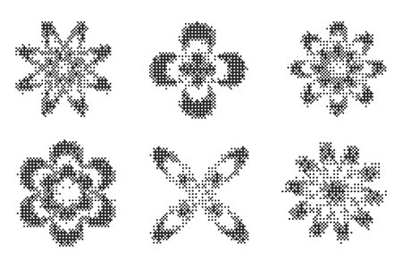 Pixel pattern shapes. Textured flower with bitmap Y2k dither gradient. Retro vector star with old computer game graphic effect. Halftone grunge illustrationのイラスト素材
