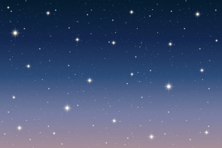 Dark winter night sky with glowing blue-purple gradient, shining stars, celestial constellations, and abstract nebula patterns. Vector design of magical cosmos backdropのイラスト素材