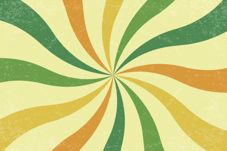 Retro vector background. Spiral sunburst pattern with wavy stripes in green yellow and orange. Vintage psychedelic groovy 70s carnival bg. Textured abstract radial vortexのイラスト素材