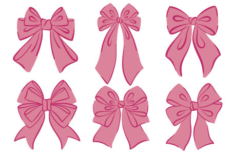 Pink bows on a white background. Vector illustration of cute vintage flat design with satin bands. Perfect for gifts holidays birthdays and graphic collection.のイラスト素材