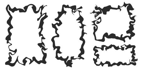 Wavy border frames. Rectangle square scallop shapes. Squiggle hand drawn doodle boxes. Retro curved decorative simple decoration. Retro aesthetic psychedelic vector figuresのイラスト素材