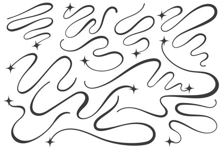 Swirl vector lines with stars. Curved elegant flourishes tails of comets. Decorative Y2k scrolls and strokes on white background. Wavy simple swishes with falling and flying sparkles.のイラスト素材