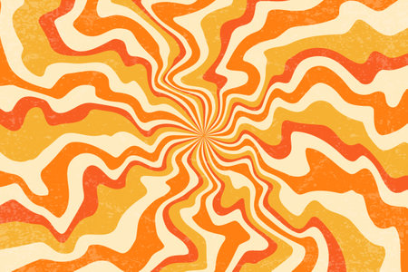 Retro sun background with pattern of groovy rays. Sunburst abstract poster with wavy psychedelic design. Vintage summer textured radial beams. Circular hypnotic vortexのイラスト素材