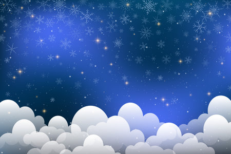 Dark winter sky with falling snowflakes glowing stars and clouds. Blue background with galaxy light, magic nebula, celestial sparkle and astrology-inspired fantasy design. Vector illustrationのイラスト素材
