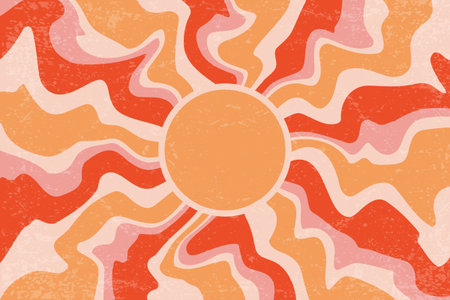 Sunburst retro background with radial pattern of radial wavy rays. Vector vintage abstract summer poster. Psychedelic orange striped beams. Groovy modern designのイラスト素材