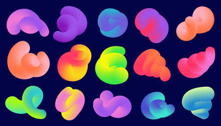 Gradient abstract colored shapes on dark background. Liquid 3d vector elements. Fluid wavy and swirl spirals. Dynamic trendy bright squiggles set with soft gradation for poster designのイラスト素材