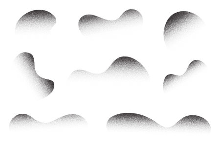 Abstract wavy shapes with grainy dotted shadow. Vector stipple fluid blobs with sandy gradient. Grunge halftone liquid elements on white background.のイラスト素材